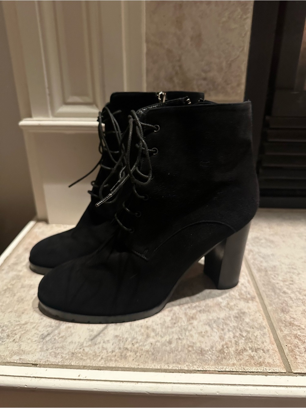 Barneys New York Black Suede Lace-Up Round Toe Ankle Boots